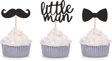 Confetti! 24 PCS Black Little Man Mini Mustache Bowtie Cupcake Toppers for Baby Shower Party Decorations
