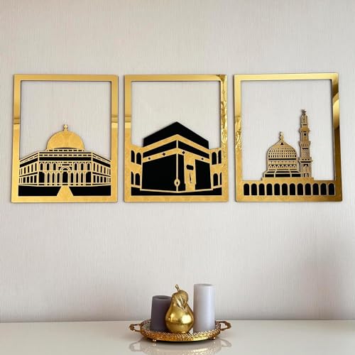 Majestic Islamic Wall Art - Masjid Al Aqsa, Kaaba & Masjid An-Nabawi - Wooden Blessed Places Islamic Wall Decor - Ideal Gift for Ramadan Eid - Set of Three