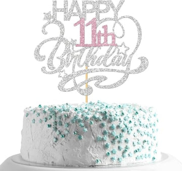 Confetti! Happy Birthday Cake Topper | Cheers to Another Year | Children's Birthday Party Decor Supplies | Silver & Pink Glitter