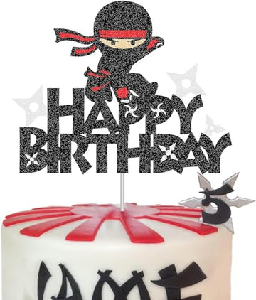 Ninja Warrior Birthday Cake Topper - Shimmering Black Glitter Kung Fu Themed Party Decoration for Boys, Girls & Baby Showers