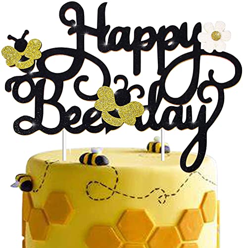 Confetti! Happy Bee Day Cake Topper Decoration for Bee Bumble Themed Happy 1st 2nd Birthday Party Baby Shower Glitter Bee Cake Topper Photo Booth Prop Supplies