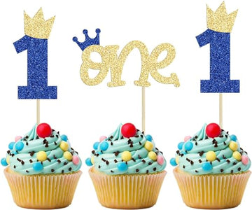 Sparkling 24Pcs 1st Birthday Cupcake Toppers - Glitter Crown One Cake Decorations - Perfect for Baby Showers and First Birthday Celebrations