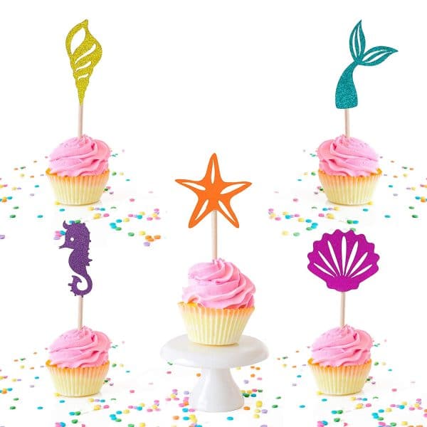 Confetti! 20 Pieces Mermaid Theme Glitter Cupcake Topper Cake Picks Decoration for Baby Shower Birthday Party Favors, Mermaid Tail, Seahorse and Starfish, Shell Food Picks
