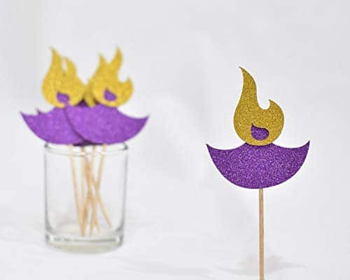 Gold & Violet Glittery Diwali Diya Cupcake Toppers Party Cake Food Picks