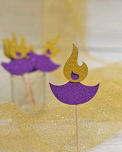 Gold & Violet Glittery Diwali Diya Cupcake Toppers Party Cake Food Picks