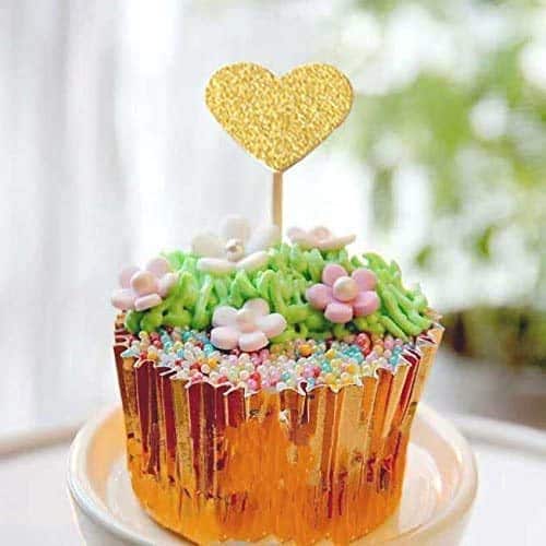 Heart Cupcake Toppers Sweet Love Theme Hearts Food Picks for Valentine Wedding Engagement Bridal Shower Birthday Party Cake Decorations - Gold