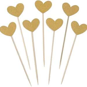 Heart Cupcake Toppers Sweet Love Theme Hearts Food Picks for Valentine Wedding Engagement Bridal Shower Birthday Party Cake Decorations - Gold
