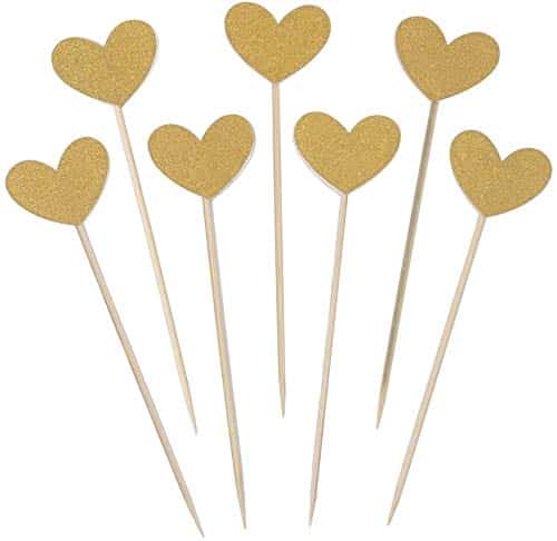Heart Cupcake Toppers Sweet Love Theme Hearts Food Picks for Valentine Wedding Engagement Bridal Shower Birthday Party Cake Decorations - Gold
