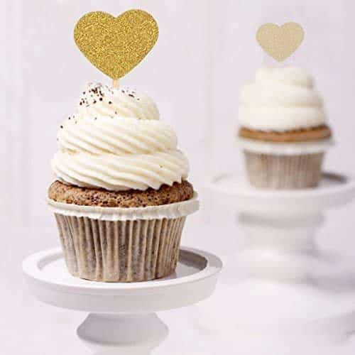 Heart Cupcake Toppers Sweet Love Theme Hearts Food Picks for Valentine Wedding Engagement Bridal Shower Birthday Party Cake Decorations - Gold