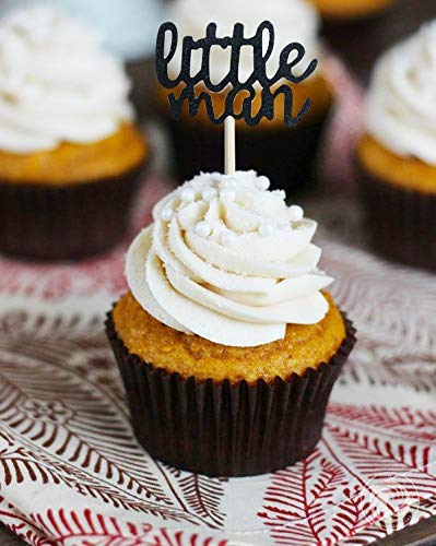 Black Little Man Mini Mustache Bowtie Cupcake Toppers for Baby Shower Party Decorations