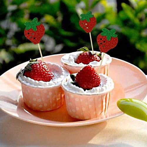 Strawberry Cupcake Topper (Pack of 24) Baby Girl Berry Theme Birthday Party Cake Decoration for Sweet Fruit Theme Baby Shower Kids Birthday Party Supplies