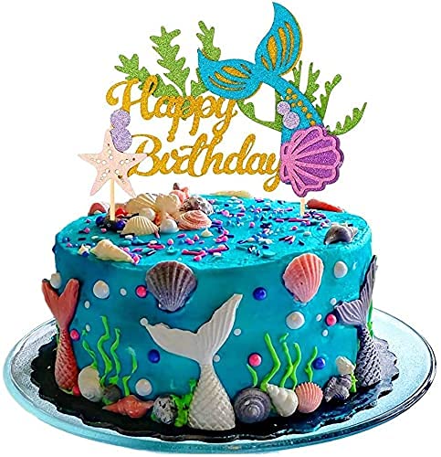 Glitter Mermaid Birthday Cake Topper - Happy Birthday Cake Decoration for Under The Sea Themed Baby Shower Birthday Party Supplies