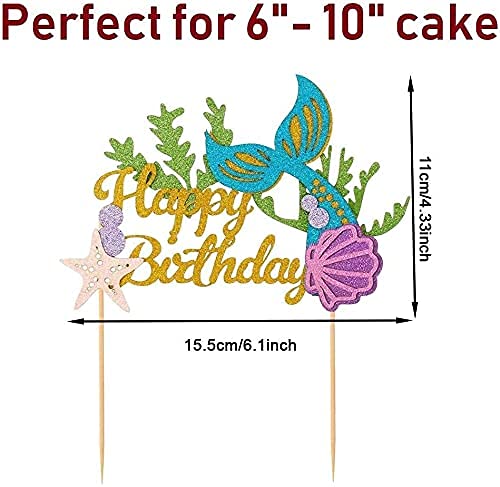 Glitter Mermaid Birthday Cake Topper - Happy Birthday Cake Decoration for Under The Sea Themed Baby Shower Birthday Party Supplies