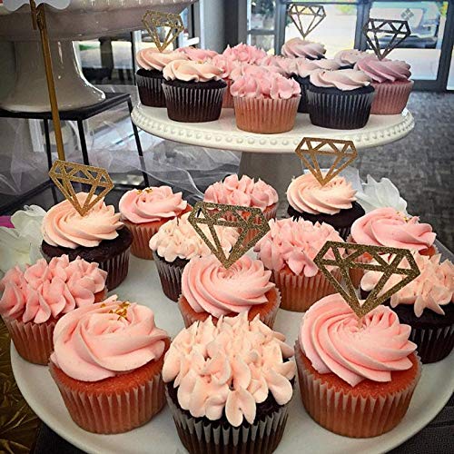 Gold Glitter Diamond Ring Donut Toppers Cupcake Picks for Bridal Shower Engagement Party Decorations