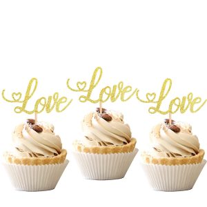 Valentine's Day Love Cupcake Toppers with Glitter Heart Letter Sweet Love Cupcake Picks Valentine's Day Theme Wedding Engagement Bridal Shower Birthday Party Cake Decorations (Gold)