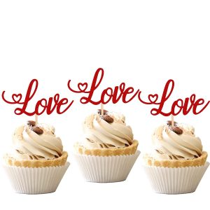 Valentine's Day Love Cupcake Toppers with Glitter Heart Letter Sweet Love Cupcake Picks Valentine's Day Theme Wedding Engagement Bridal Shower Birthday Party Cake Decorations (Red)