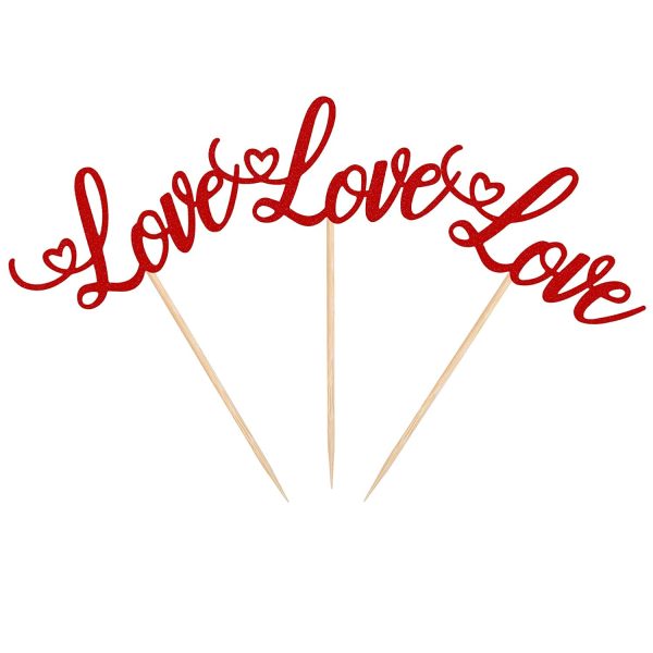 Valentine's Day Love Cupcake Toppers with Glitter Heart Letter Sweet Love Cupcake Picks Valentine's Day Theme Wedding Engagement Bridal Shower Birthday Party Cake Decorations (Red)
