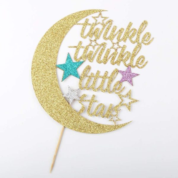 Twinkle Twinkle Little Star Cake Topper, Half Moon Multi Color Little Star Birthday Party Baby Shower Glitter Party Decorations