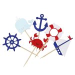 Nautical Cupcake Toppers for Ocean Sailing Theme Party Birthday Party Baby Shower Wedding Party Decorations (Sailboat, Whale, Crab, Anchor, Life Ring, Helm)