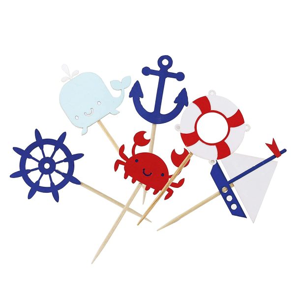 Nautical Cupcake Toppers for Ocean Sailing Theme Party Birthday Party Baby Shower Wedding Party Decorations (Sailboat, Whale, Crab, Anchor, Life Ring, Helm)