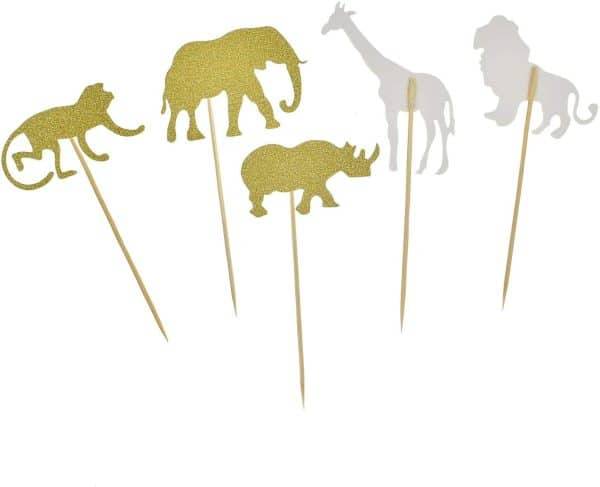 Gold Glitter Jungle Safari Animal Cake Cupcake Toppers Cupcake Picks Decorations for Jungle Safari Animal Themed Baby Shower Birthday Party