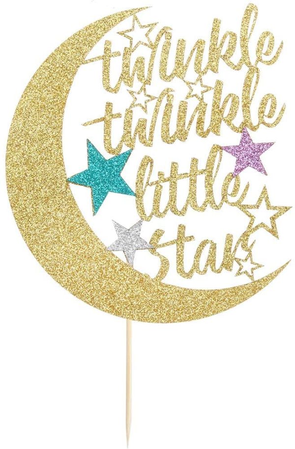 Twinkle Twinkle Little Star Cake Topper, Half Moon Multi Color Little Star Birthday Party Baby Shower Glitter Party Decorations