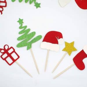 Christmas Glitter Cupcake Topper Food Fruit Picks Decorations for Christmas Party Favors Includ Santa Hats, Christmas Tree, Red Socks, Gift, Star