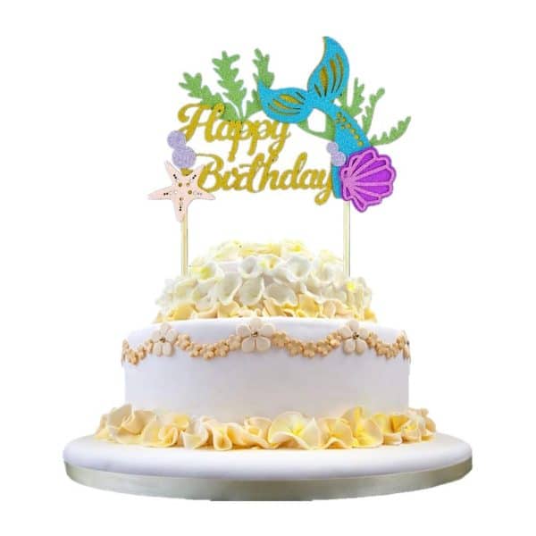 Glitter Mermaid Birthday Cake Topper - Happy Birthday Cake Decoration for Under The Sea Themed Baby Shower Birthday Party Supplies