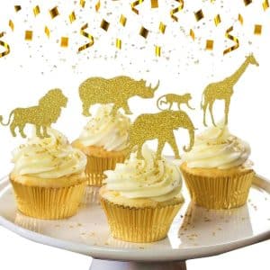 Gold Glitter Jungle Safari Animal Cake Cupcake Toppers Cupcake Picks Decorations for Jungle Safari Animal Themed Baby Shower Birthday Party