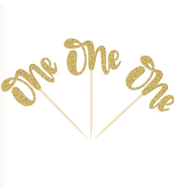 One Cupcake Toppers (Pack of 20) Gold Glitter Cupcake Toppers for Kids First Birthday Party Decoration