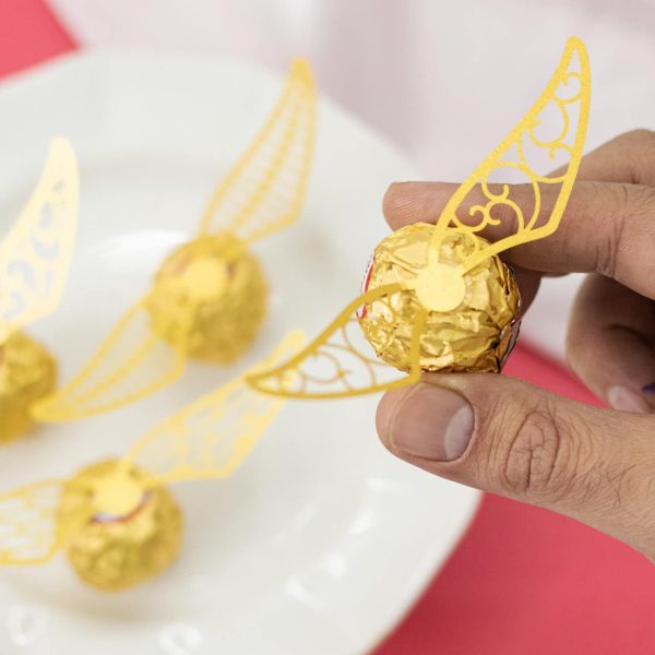 Golden Wings Chocolate Decor Wizard Party Chocolate Decoration Hollowed Wings Wafer Cupcake Toppers with Glue Point for Them Party Decor Supplies