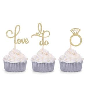 Gold Glitter Love Diamond Ring I Do Cupcake Toppers for Wedding Bridal Shower Decorations