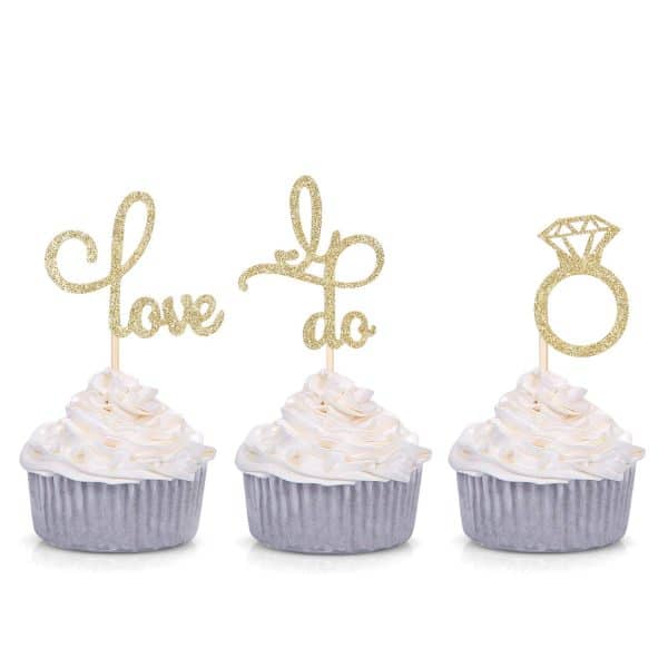 Gold Glitter Love Diamond Ring I Do Cupcake Toppers for Wedding Bridal Shower Decorations