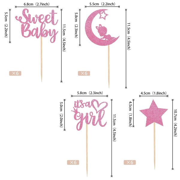 Baby Shower Girl Cupcake Toppers with Moon Glitter Star Sweet Baby Girl Cupcake Picks Baby Shower Kids Girl Birthday Party Cake Decorations Supplies Pink (Sweet Baby Girl)