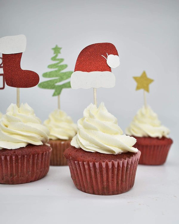 Christmas Glitter Cupcake Topper Food Fruit Picks Decorations for Christmas Party Favors Includ Santa Hats, Christmas Tree, Red Socks, Gift, Star