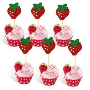 Strawberry Cupcake Topper (Pack of 24) Baby Girl Berry Theme Birthday Party Cake Decoration for Sweet Fruit Theme Baby Shower Kids Birthday Party Supplies