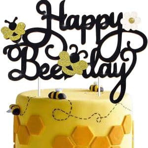 Happy Bee Day Cake Topper Decoration for Bee Bumble Themed Happy 1st 2nd Birthday Party Baby Shower Glitter Bee Cake Topper Photo Booth Prop Supplies (Bee Theme Glitter Cake topper)