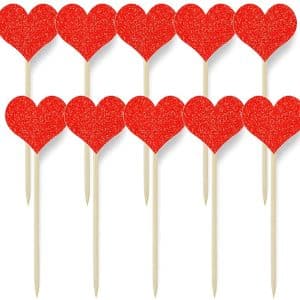 Heart Cupcake Toppers Sweet Love Theme Hearts Food Picks for Valentine Wedding Engagement Bridal Shower Birthday Party Cake Decorations - Red
