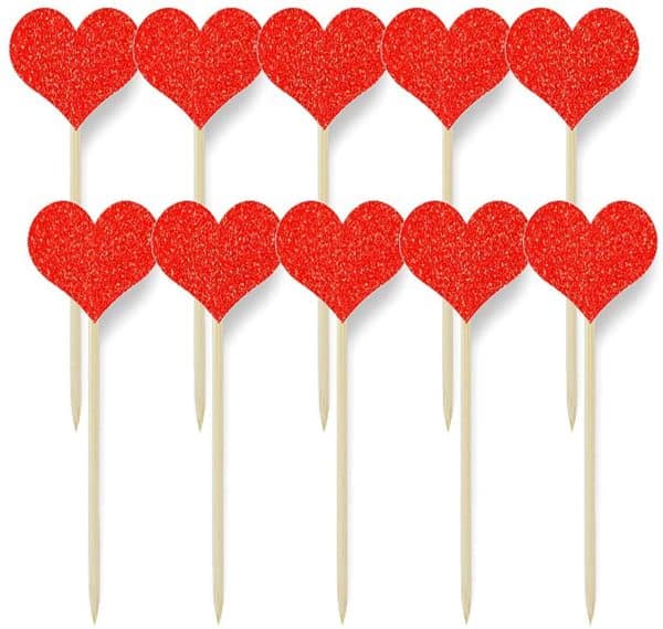 Heart Cupcake Toppers Sweet Love Theme Hearts Food Picks for Valentine Wedding Engagement Bridal Shower Birthday Party Cake Decorations - Red