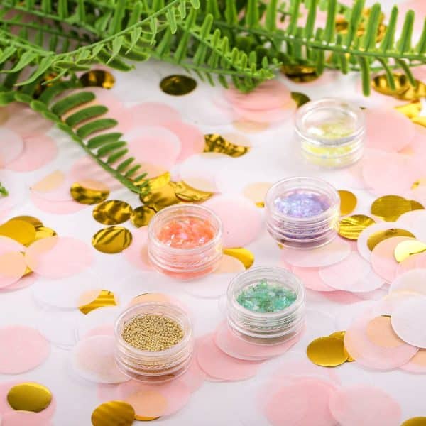 Premium 1-inch Round Tissue Paper Party Table Confetti - 10/15 Grams (Pink, White, Gold Mylar Flakes)