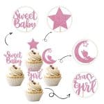 Baby Shower Girl Cupcake Toppers with Moon Glitter Star Sweet Baby Girl Cupcake Picks Baby Shower Kids Girl Birthday Party Cake Decorations Supplies Pink (Sweet Baby Girl)