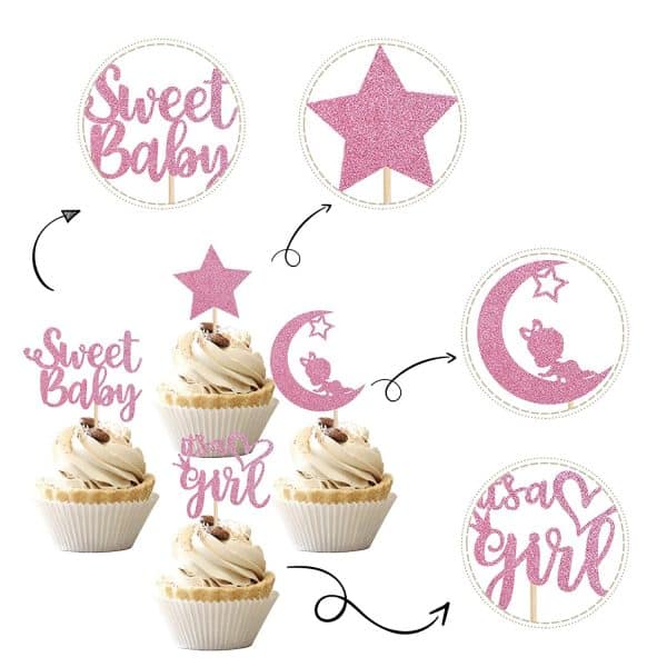Baby Shower Girl Cupcake Toppers with Moon Glitter Star Sweet Baby Girl Cupcake Picks Baby Shower Kids Girl Birthday Party Cake Decorations Supplies Pink (Sweet Baby Girl)
