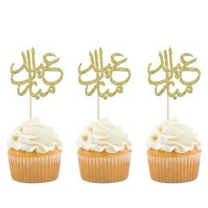 Gold Glitter Eid Mubarak Cupcake Toppers Arabic Happy Eid Ramadan Kareem Cake Decorations Islamic Muslim Party Supplies Decorations