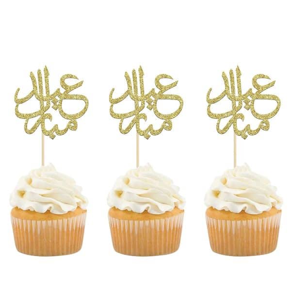 Gold Glitter Eid Mubarak Cupcake Toppers Arabic Happy Eid Ramadan Kareem Cake Decorations Islamic Muslim Party Supplies Decorations