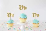 One Cupcake Toppers (Pack of 20) Gold Glitter Cupcake Toppers for Kids First Birthday Party Decoration