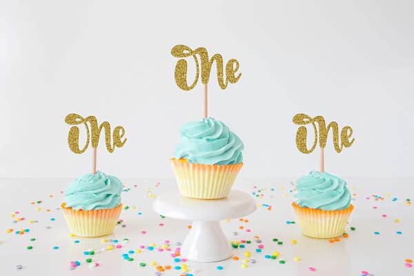 One Cupcake Toppers (Pack of 20) Gold Glitter Cupcake Toppers for Kids First Birthday Party Decoration