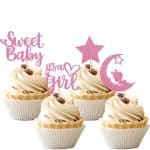 Baby Shower Girl Cupcake Toppers with Moon Glitter Star Sweet Baby Girl Cupcake Picks Baby Shower Kids Girl Birthday Party Cake Decorations Supplies Pink (Sweet Baby Girl)
