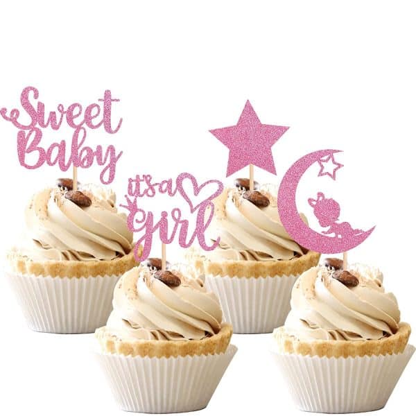 Baby Shower Girl Cupcake Toppers with Moon Glitter Star Sweet Baby Girl Cupcake Picks Baby Shower Kids Girl Birthday Party Cake Decorations Supplies Pink (Sweet Baby Girl)