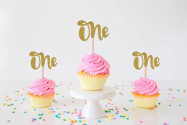 One Cupcake Toppers (Pack of 20) Gold Glitter Cupcake Toppers for Kids First Birthday Party Decoration