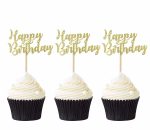 Glitter Happy Birthday Cupcake Toppers Cake Picks for Party Decoration Supplies in Gold Glitter